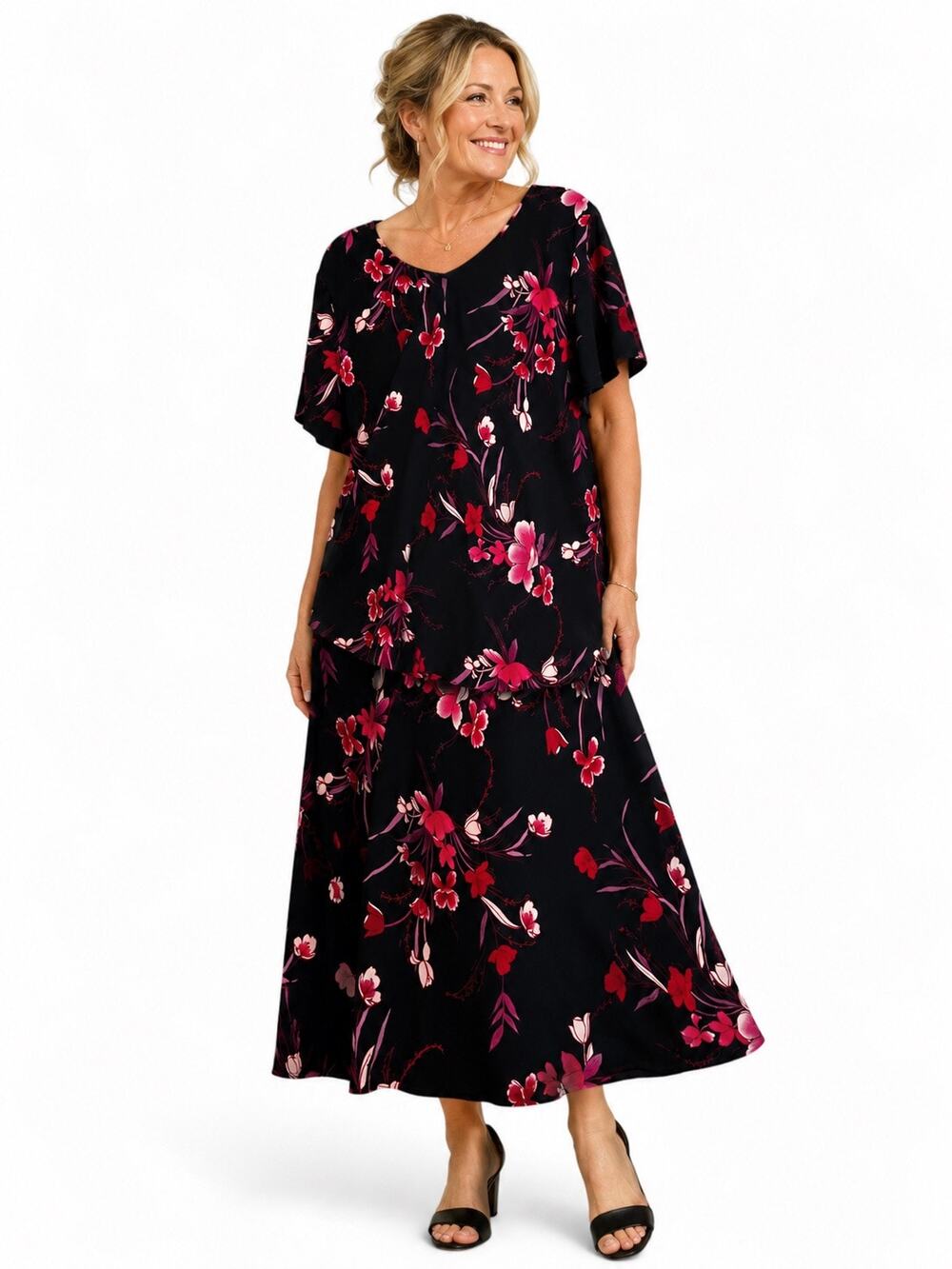 Maggie Barnes Women’s 32W Black Pink Floral Layered Maxi Dress NWT Plus Size